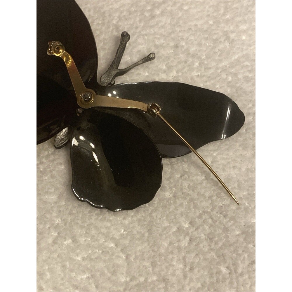 Goldtone Monarch Butterfly Brooch Black Orange Yellow Tiered Wings Glossy Finish - Picture 7 of 7